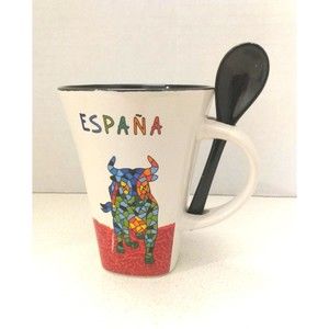 Espana Bull Coffee Tea Mug Spoon Ole Mosaic 11 Oz FLAW